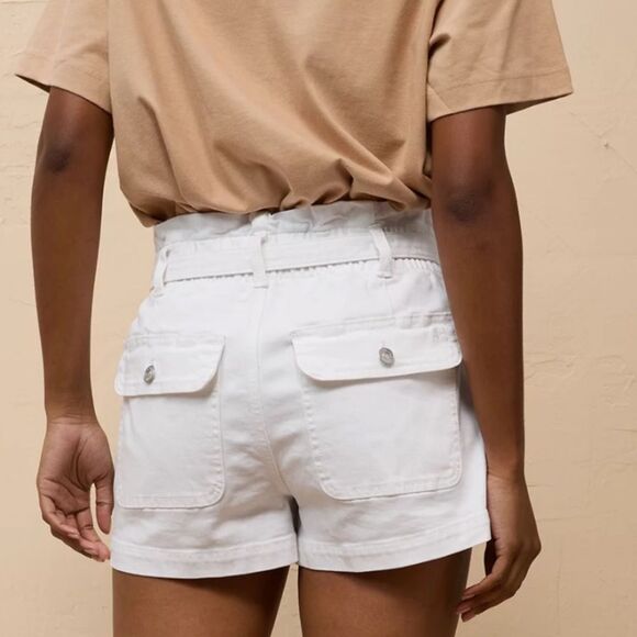 AE 14-16 White Stretch Relaxed Fit Paper Bag Denim Belted High Rise Mom Shorts - Picture 4 of 15